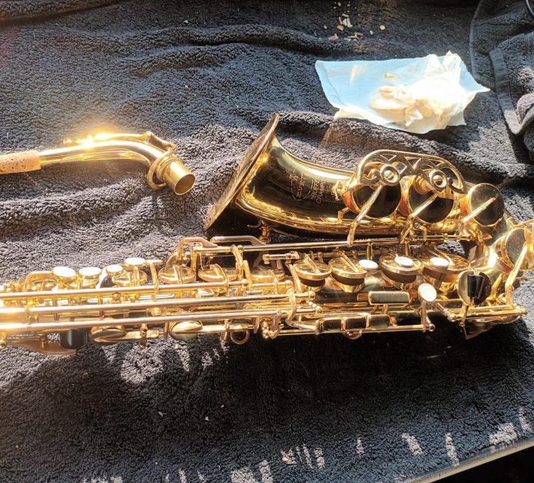 The completed saxophone gleams